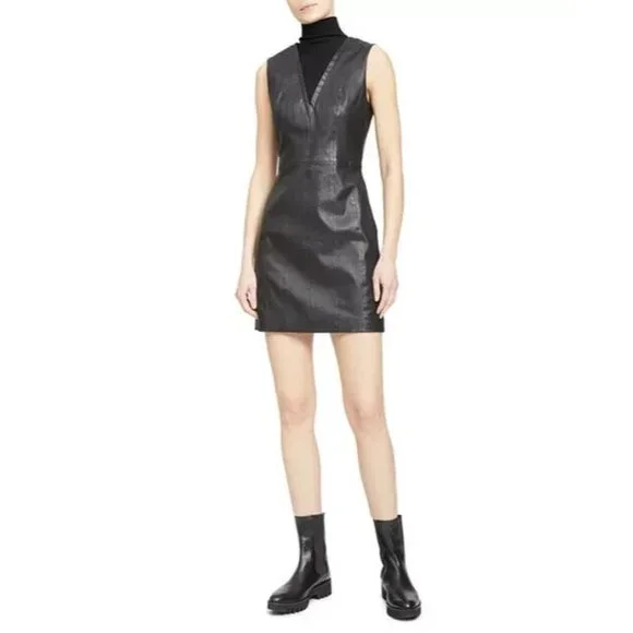 Theory Womens Mix Media Leather Rib Knit Dress Black Size 12 MSRP $795